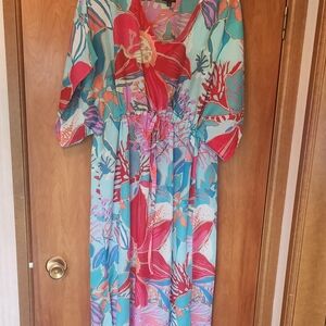 Talbots Red and Pink Swim Coverup with Vibrant Tropical Print Offers Welcome.